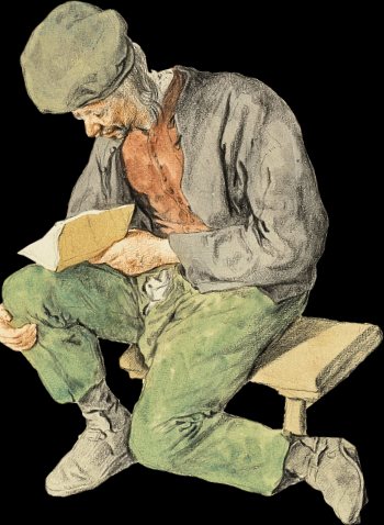 Akwarela: starszy mężczyzna w czapce siedzi na ławce i czyta kartkę papieru.