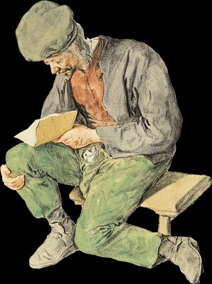 Kolorowana litografia: starszy mężczyzna w czapce siedzi na stołku i czyta list.