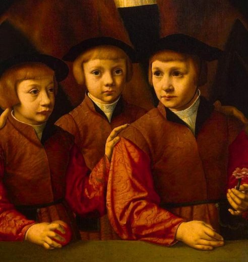 Dawny portret olejny: ojciec stoi za trzema synami w czerwonych strojach i kładzie im dłonie na ramionach.