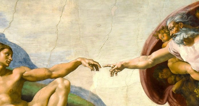Fresk Michała Anioła 'Stworzenie Adama' z Kaplicy Sykstyńskiej: Bóg i Adam wyciągają ku sobie dłonie, palce prawie się stykają.