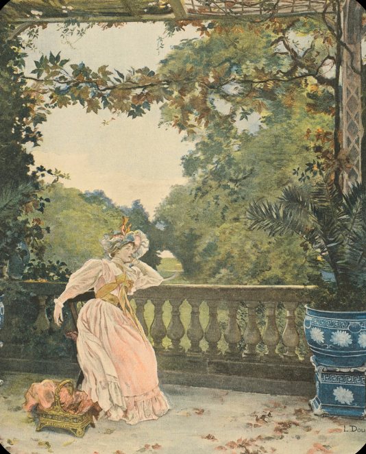 Ilustracja: kobieta w różowej sukni siedzi samotnie na tarasie z kamienną balustradą, pod nogami jesienne liście.
