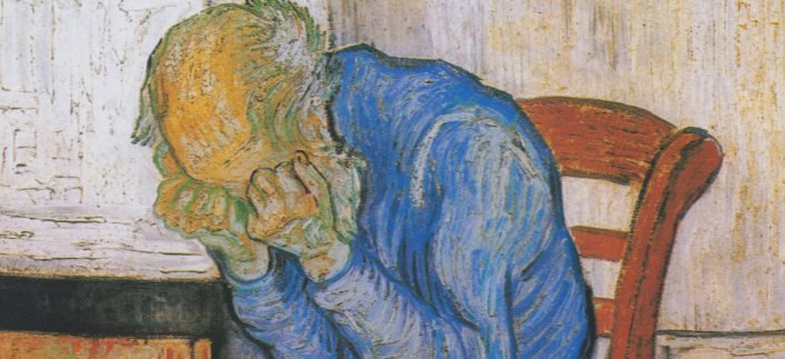Obraz Vincenta van Gogha 'U progu wieczności': starszy mężczyzna w niebieskim ubraniu siedzi pochylony na krześle i zakrywa twarz dłońmi.